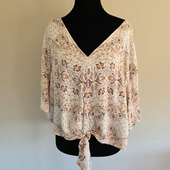 Idyllwind Miranda Lambert Tie Front Artsy Floral Top V-Neck Short Sleeve Size L - Picture 1 of 8